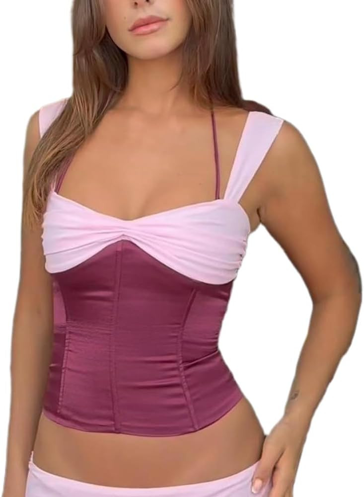 DSORVICD Women Y2k Sleeveless Cami Tank Top Sexy Satin V Neck Camisole Cute Backless Cami Top Sum... | Amazon (US)