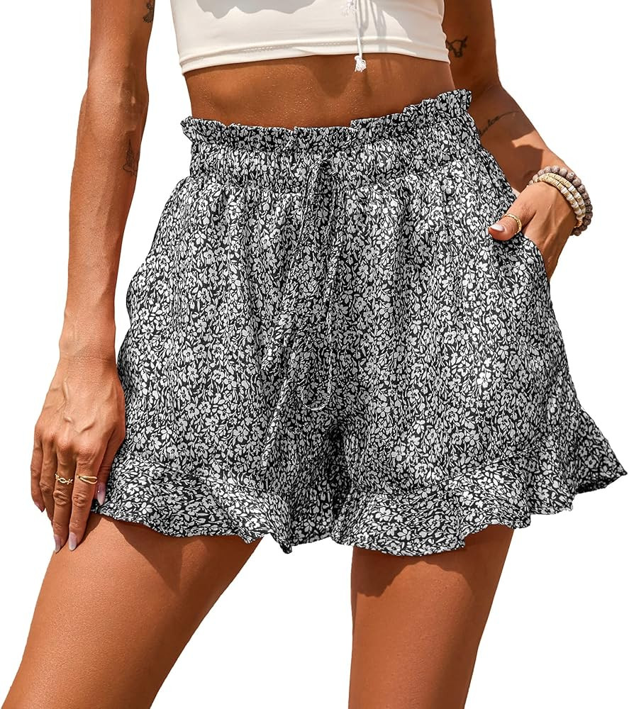 BTFBM Women's Casual Shorts Elastic High Waist Ruffle Hem Floral Print Comfy Summer Beach Short L... | Amazon (US)