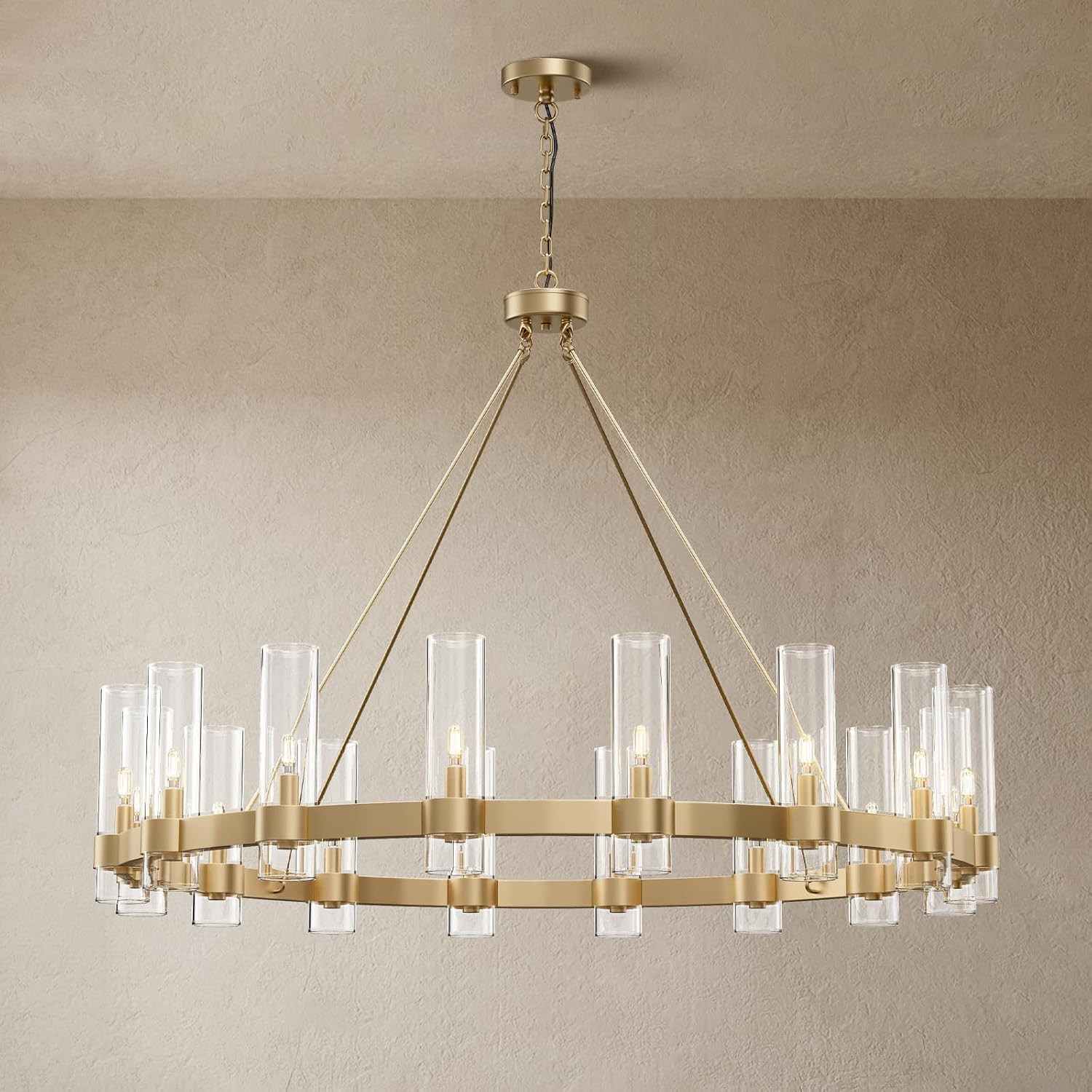 48 Inch Gold Wagon Wheel Chandelier with Glass Shade, 16-Lights Large Round Modern Farmhouse Style, Perfect for Dining Room, Living Room, Kitchen, Foyer, High Ceiling | Amazon (US)