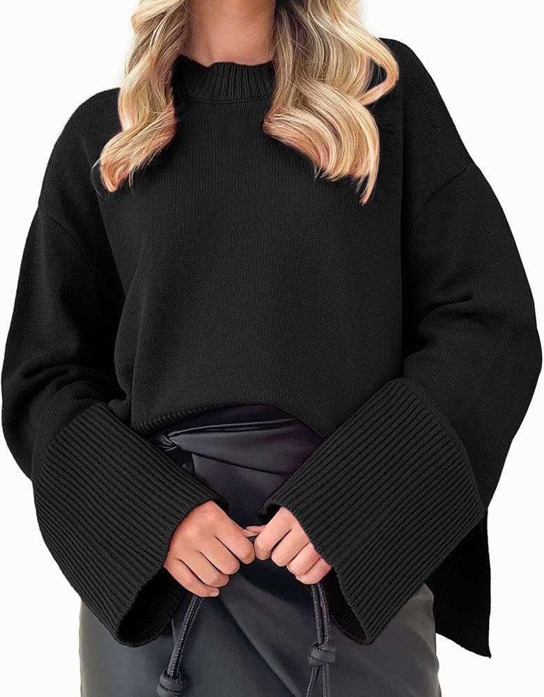 Womens 2023 Oversized Sweaters for Women Crewneck Long Sleeve Side Slit Warm Pullover Sweater Top... | Amazon (US)