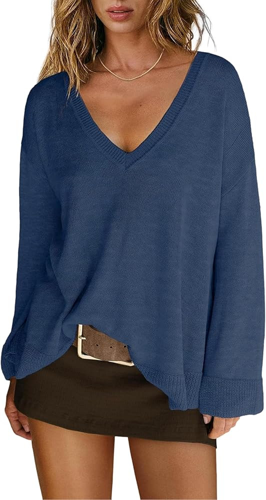 Womens V Neck Oversized Sweater Pullover Lightweight Slouchy Long Sleeve Loose Fit Casual Spring ... | Amazon (US)
