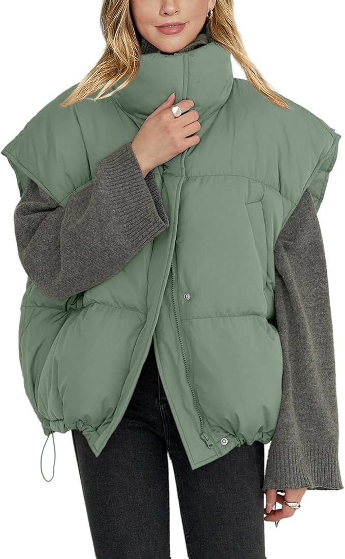 Veatzaer Womens Sleeveless Zip Puffer Vest Drawstrig Hem Oversized Stand Collar Warm Winter Coats | Amazon (US)