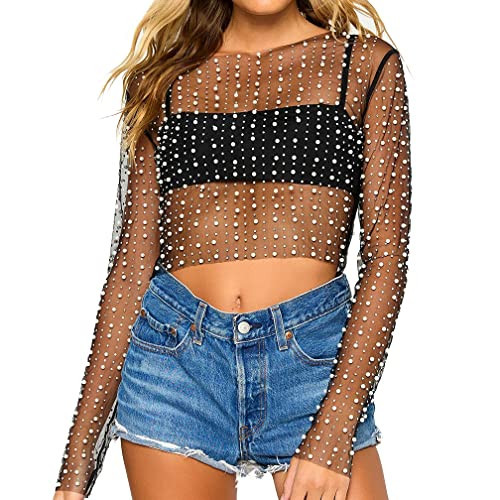 Naileksi Women Pearl Rhinestone Sheer Mesh Crop Top Sexy See Through Long Sleeve Slim Fit Cropped Blouse Shirt Clubwear Black | Amazon (US)