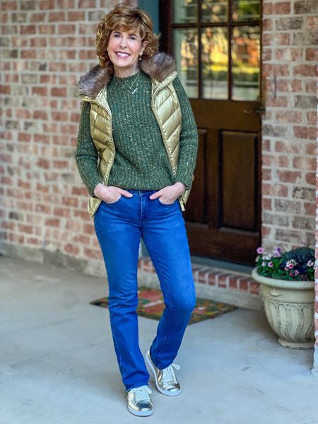 So much on sale today! 
✔️My gold sneakers are 50% off
✔️ My gold vest has a removable fur collar - it’s 50% for Talbots card holders and 40% for non card holders 
✔️ My tweed sweater is 40% off
✔️ My “LouLou” gold and pave custom grandma necklace is 20% off
⬇️⬇️⬇️

#LTKCyberWeek #LTKHoliday #LTKsalealert