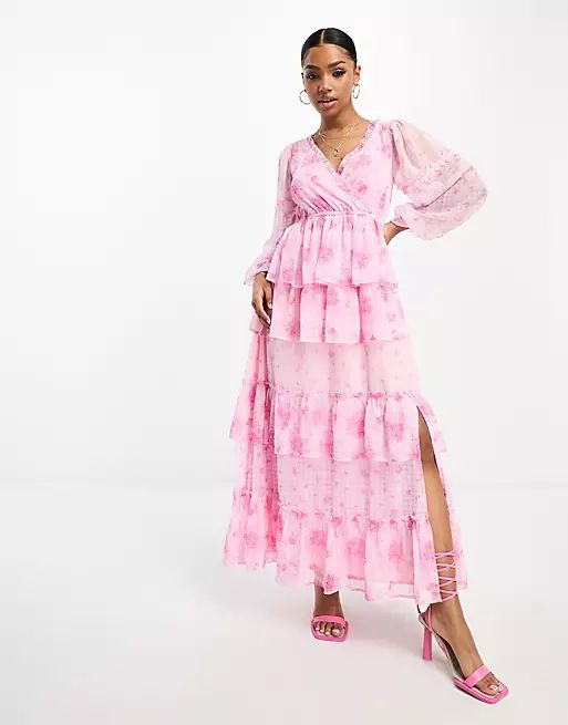 Miss Selfridge chiffon tiered maxi dress in mixed print | ASOS (Global)