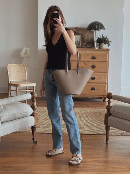 Neutral, minimalist style for summer featuring a knit vest top, neutral tote bag, and straight leg jeans. 

#LTKitbag #LTKshoecrush #LTKFind