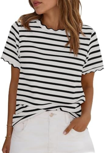 Tankaneo Womens Short Sleeve Striped Tshirts Summer Color Block Scalloped Tops Trendy Casual Basi... | Amazon (US)