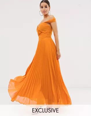 Forever Unique Exclusive cold shoulder maxi gown with pleated skirt in orange | ASOS US