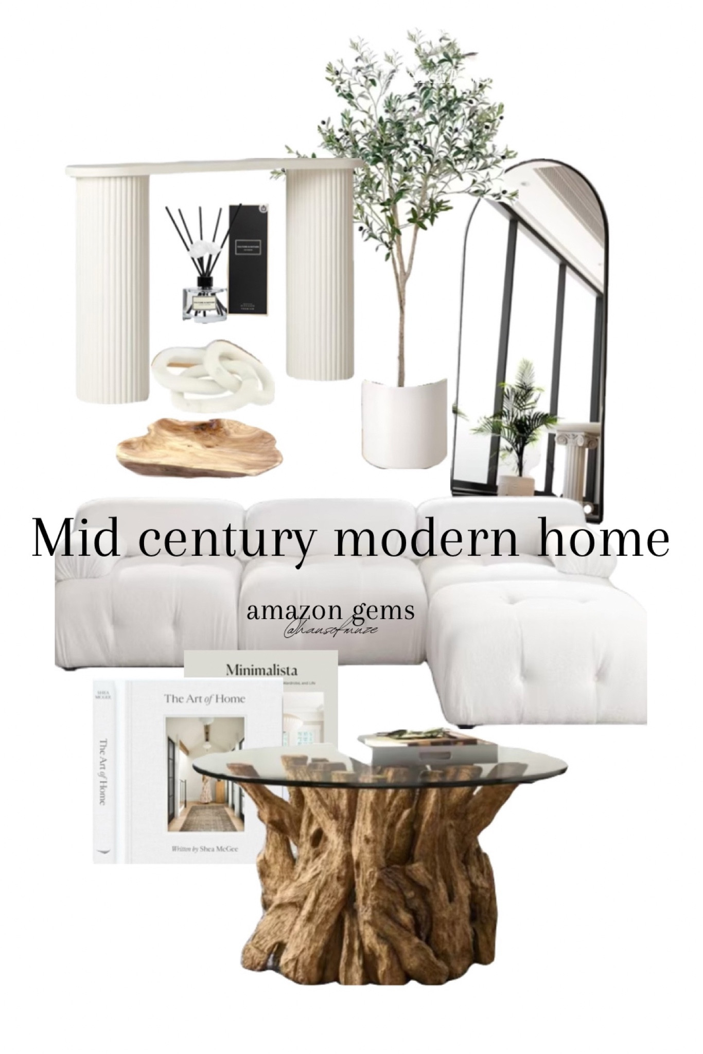 Elevate your home with this neutral color scheme and natural accents. 

A luxe mid century modern home decor inspo look with Amazon finds + affordable pieces.

Minimal style home decor 
Wood stump coffee table
Wood coffee table
Mid century modular couch
Elegant Arch mirror 
Elegant console table
Pillar console table
Wood coffee table accents
White chain links decor
Diffuser decor
Indoor plant
Minimalistic chic home 

