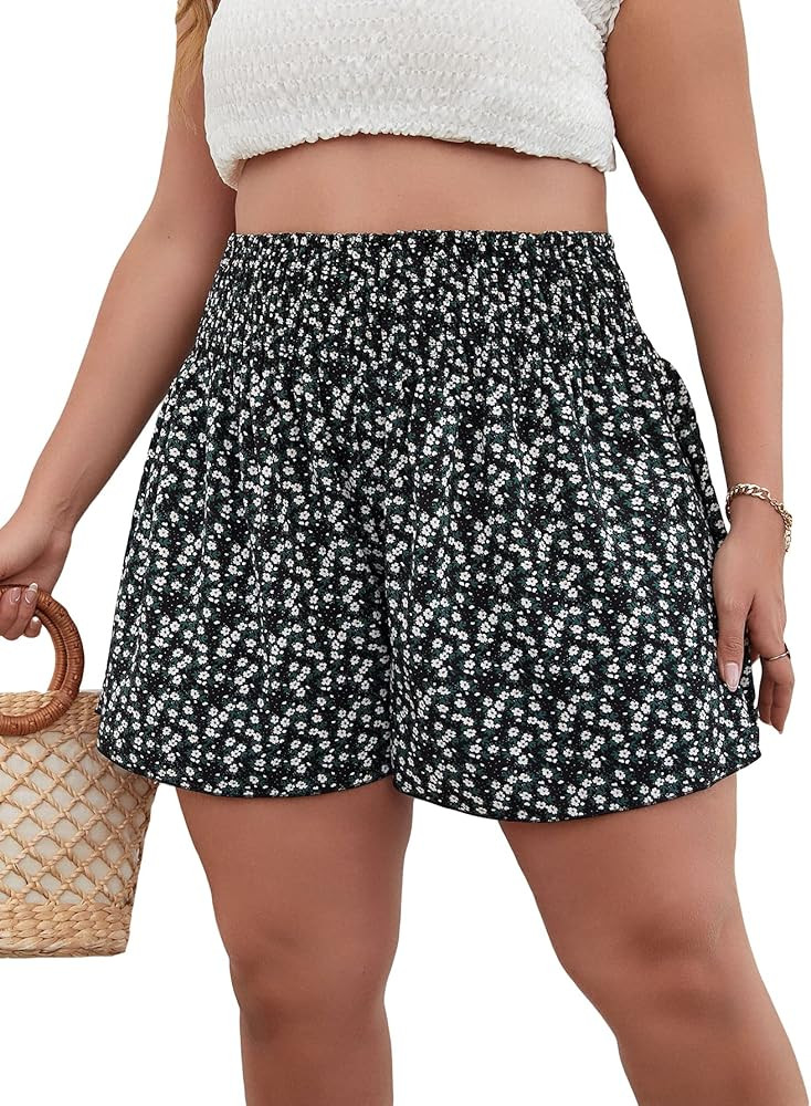 SOLY HUX Women's Plus Size Ditsy Floral Print Shirred Elastic High Waisted Wide Leg Shorts | Amazon (US)