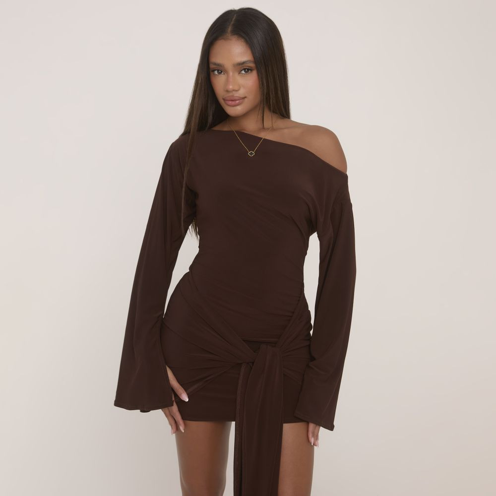 Long Flared Sleeve Drape Detail Mini Bodycon Dress In Chocolate Brown Slinky | EGO (UK)