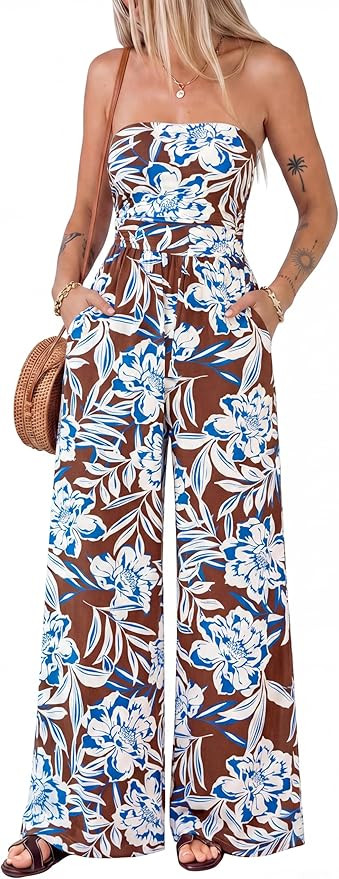 BTFBM Jumpsuits For Women Casual 2026 Floral Strapless Jumpsuit Wide Leg Rompers Beach Vacation C... | Amazon (US)