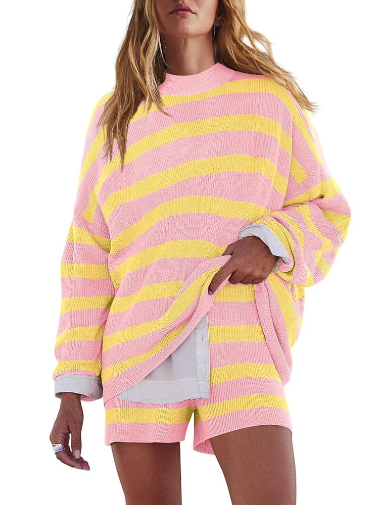 LAMISSCHE Womens Oversized Lounge Sets 2 Piece Outfits Striped Matching Pajama Set Long Sleeve Sw... | Amazon (US)