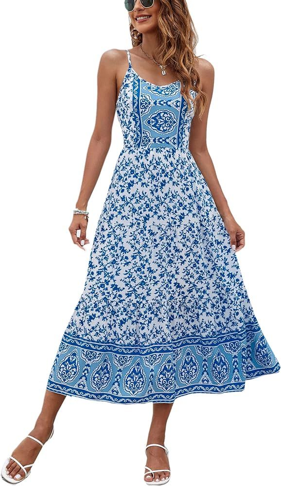 Angashion Women's Dresses Floral Adjustable Spaghetti Strap V Neck Boho Long Maxi Dress Summer Be... | Amazon (US)