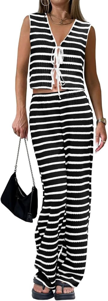 Tankaneo Womens Crochet Sets 2 Piece Outfits Tie Front Sleeveless Vest Tops Wide Leg Pants Stripe... | Amazon (US)