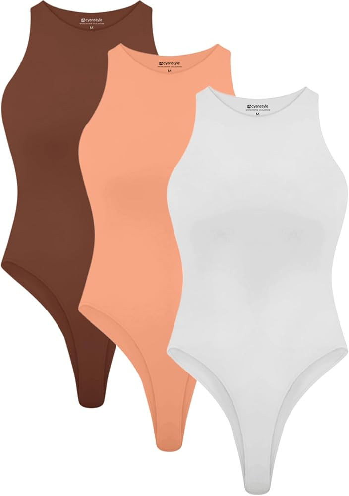 Cyanstyle Womens 3 Piece Bodysuits Sexy Sleeveless Racer Back High Neck Double Lined Bodysuit Tan... | Amazon (US)