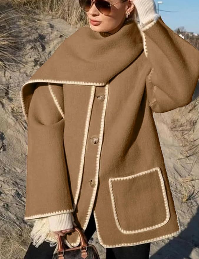QIBABU Womens Oversized Embroidered Scarf Jacket Crewneck Wool Coat Long Sleeve Tassel Scarf Coat... | Amazon (US)
