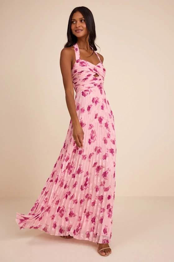 Krystal Light Pink Floral Pleated Halter Maxi Dress | Lulus