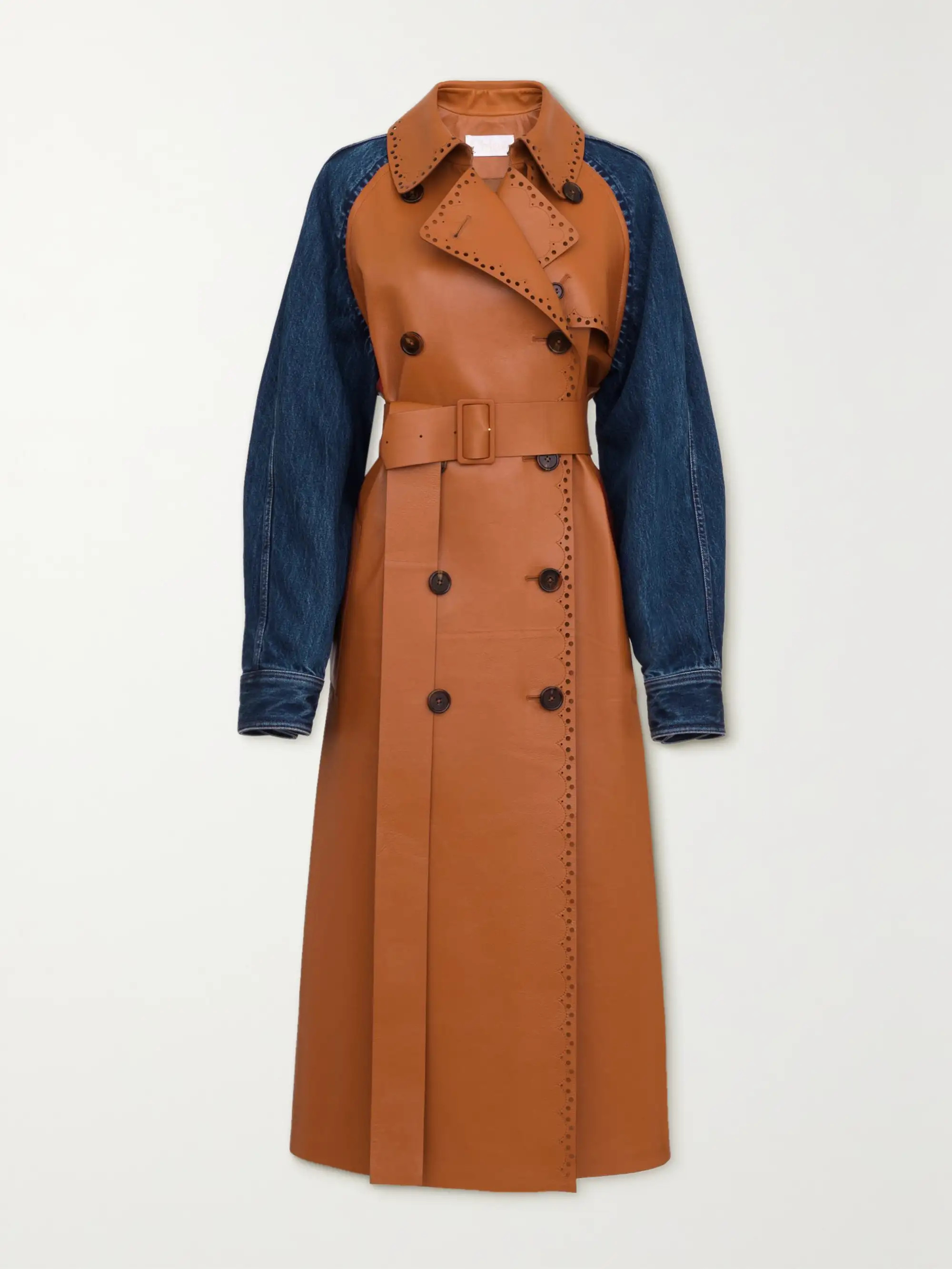 Brown Perforated leather and organic denim trench coat | CHLOÉ | NET-A-PORTER | NET-A-PORTER (US)