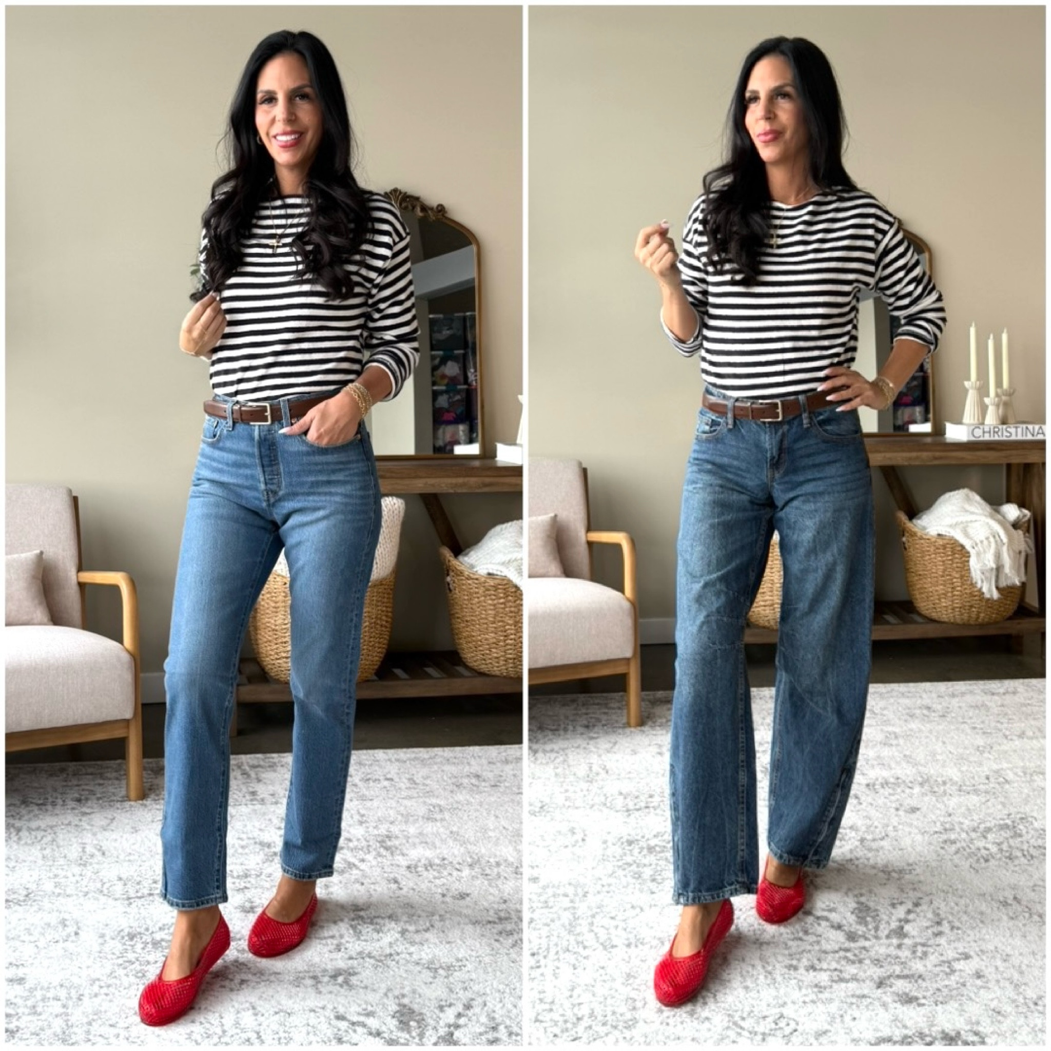 A great blue and white boatneck top with red jelly shoes. 
Top- small 
Jeans - size 2 and size 27 
Red jelly sandals- if between, go down 

#LTKFindsUnder50 #LTKOver40 #LTKU
