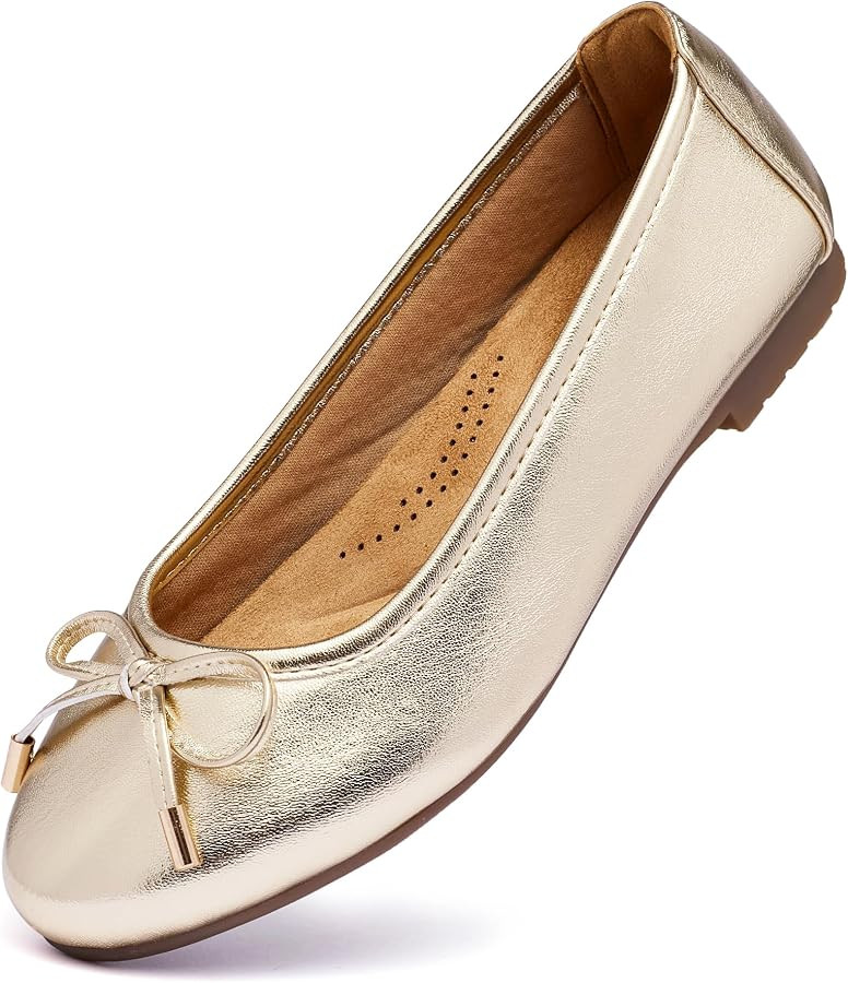 Women's Shine Ballet Bow Dressy Flats Round Toe Slip On Foldable Flats Dress Work Shoes for Busin... | Amazon (US)