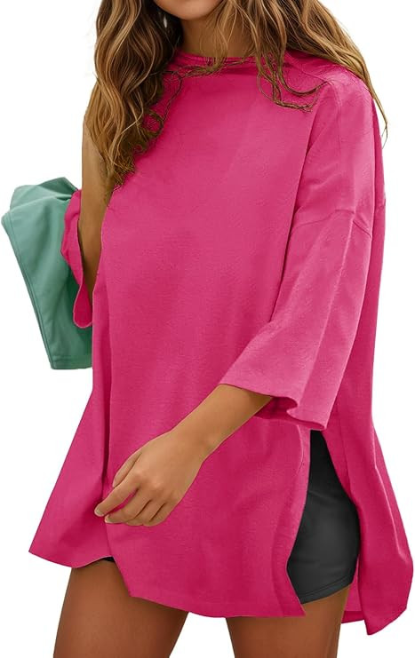 Fisoew Womens Oversized T Shirts Casual 3/4 Sleeve Side Slit Workout Gym Loose Fit Summer Tee Tun... | Amazon (US)