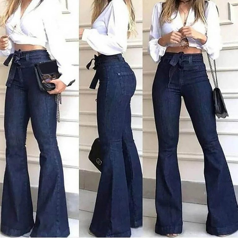 Jeans For Women Fashion Ladys High Waisted Lacing Stretch Wide Leg-Bottomed Pants Denim Pants For... | Walmart (US)