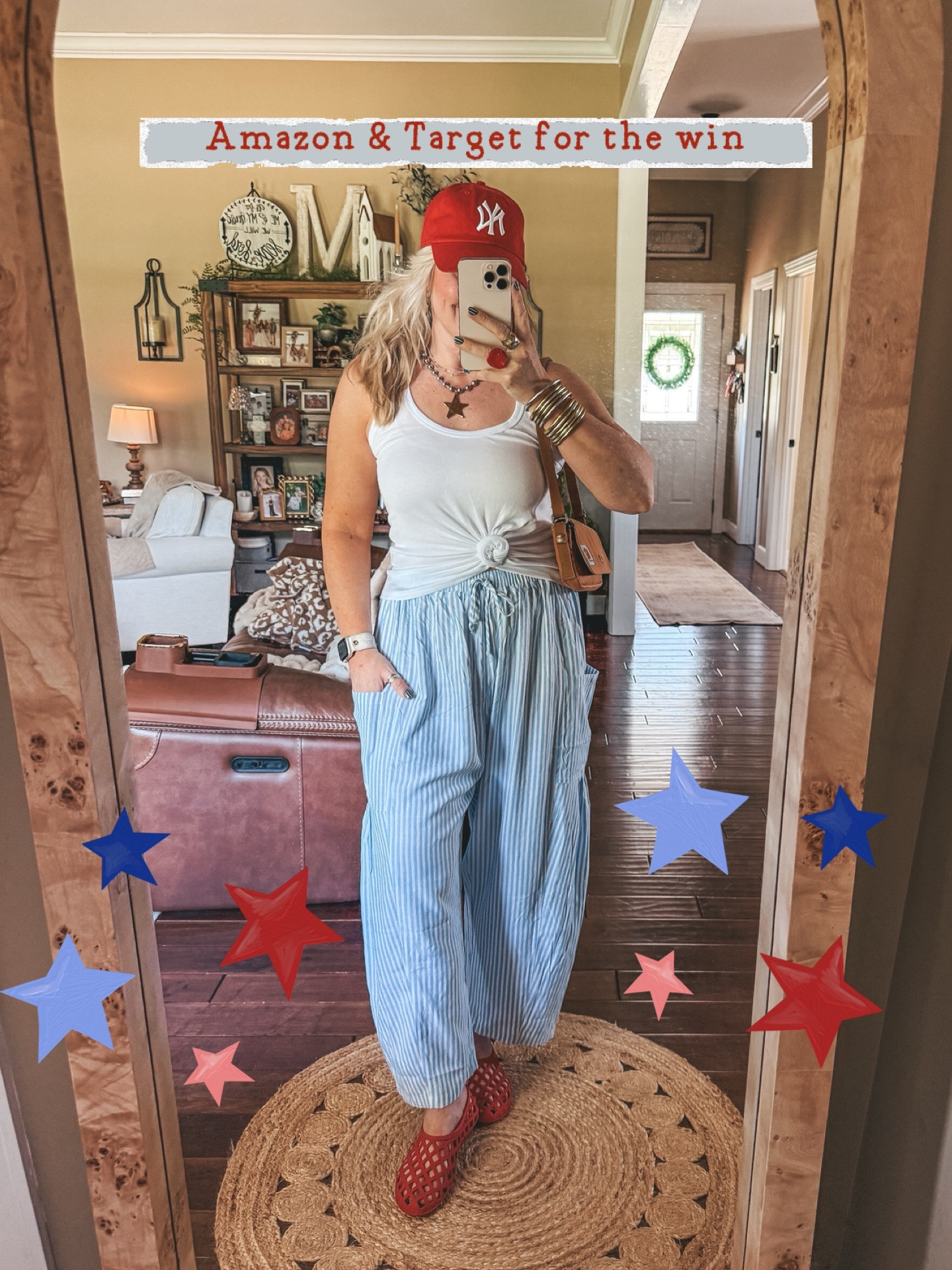 Love this fit! Comfy ✔️ Adorable ✔️ Affordable ✔️ Fun ✔️
This knotted tank is a medium and so cute! 
These striped pants are also a medium and the comfiest! 
💫Necklace save with code MANDIE

#LTKootd #LTKOver40