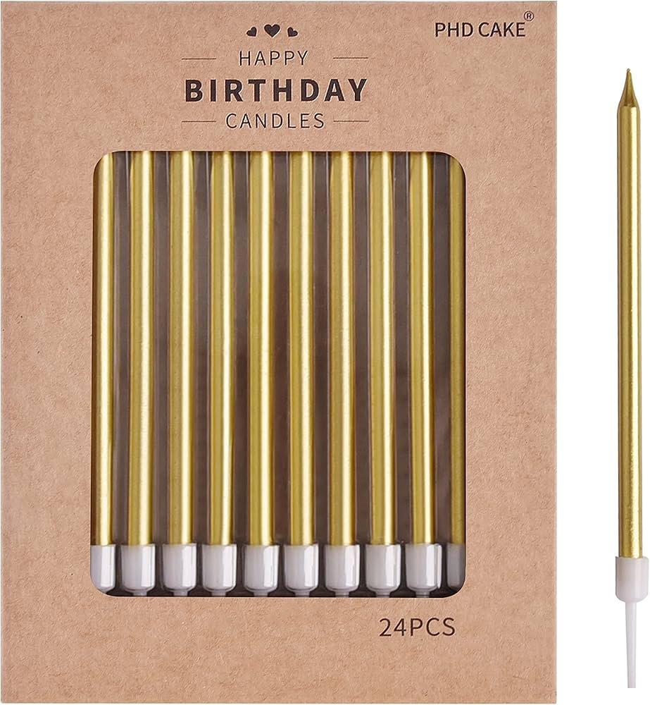 PHD CAKE 24-Count Gold Long Thin Metallic Birthday Candles, Cake Candles, Birthday Parties, Weddi... | Amazon (US)