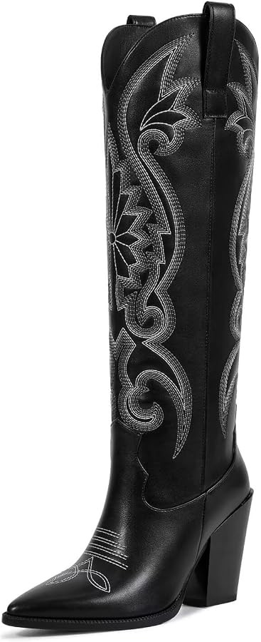 ISNOM Womens Cowboy Knee High Boots Cowgirl Boots Western Boots with Embroidered Pointed Toe Chun... | Amazon (US)