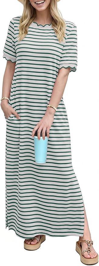 Dokotoo Womens Short Sleeve Crewneck Strip Side Slits T-Shirt Maxi Dresses | Scalloped Sleeve,Bea... | Amazon (US)