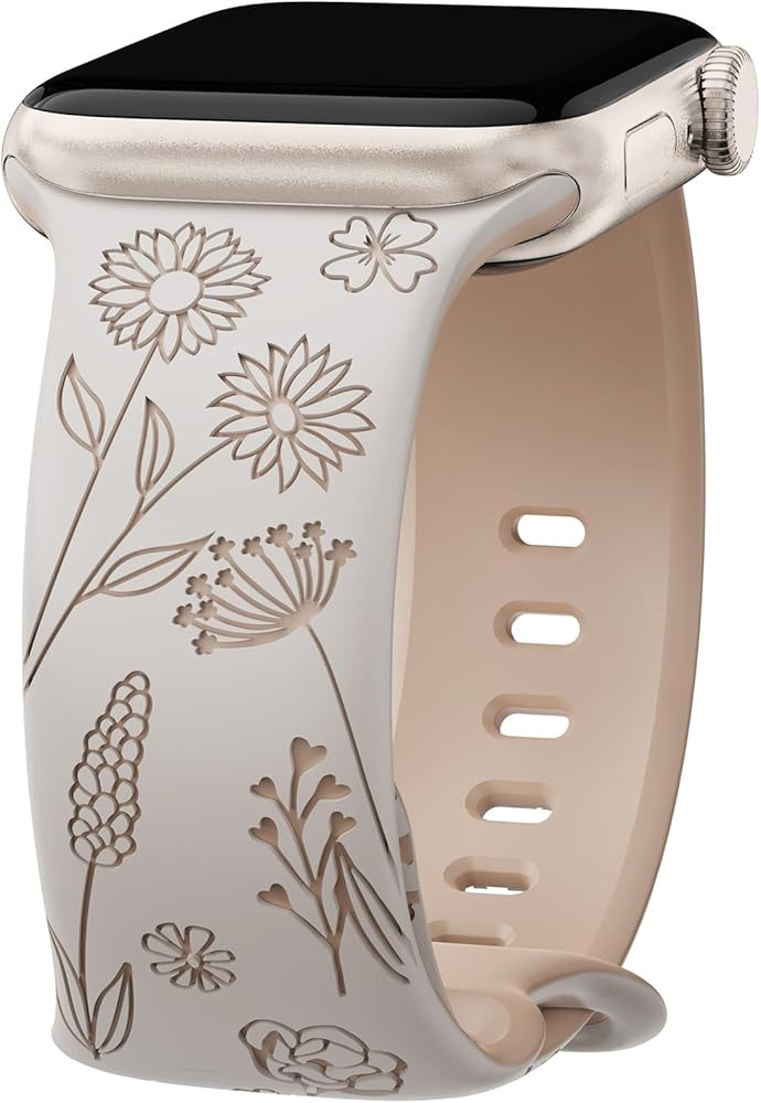 Floral Engraved Band for Apple Watch Bands 41mm 40mm 44mm 45mm 42mm 38mm 49mm Women, Soft Silicon... | Amazon (US)