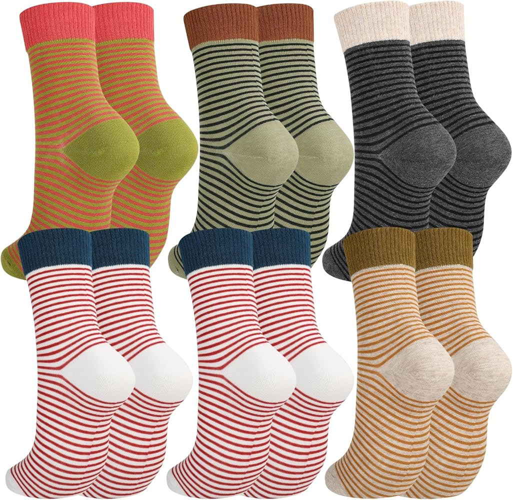 Jspupifip Womens Strip Crew Socks 6 Pairs Cotton Casual Athletic Socks Cute College Style Ribbed ... | Amazon (US)