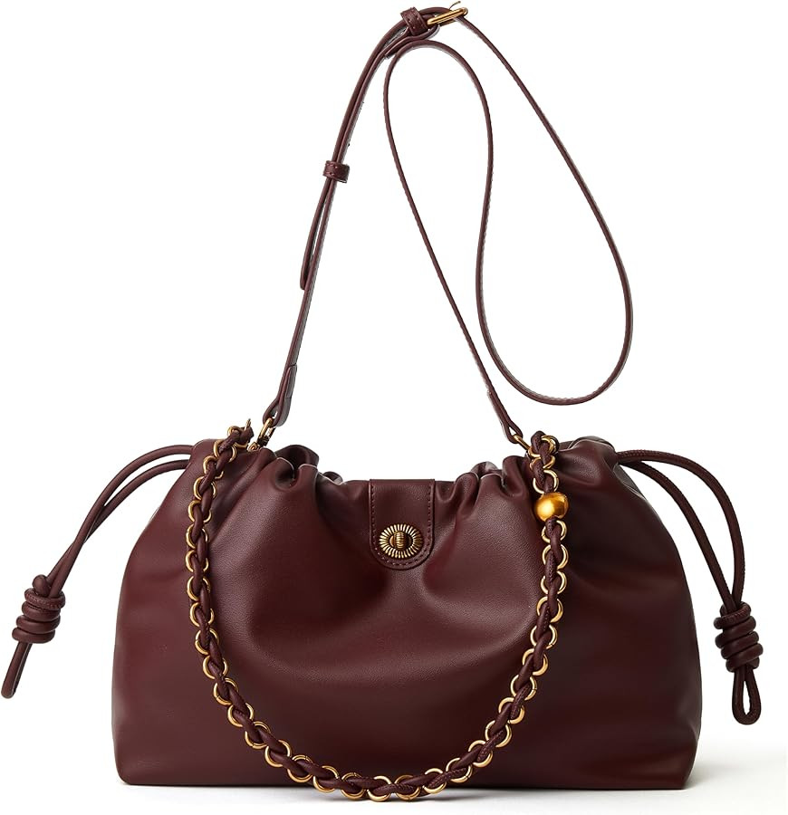 Bucket Hobo Purse for Women. Designer Drawstring Shoulder Bag with Top Chain Tote Handle and Long... | Amazon (US)