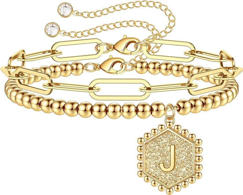 Gold Initial Bracelets for Women, 14K Gold Plated Beaded Bracelets for Women Teen Girls Hexagon P... | Amazon (US)