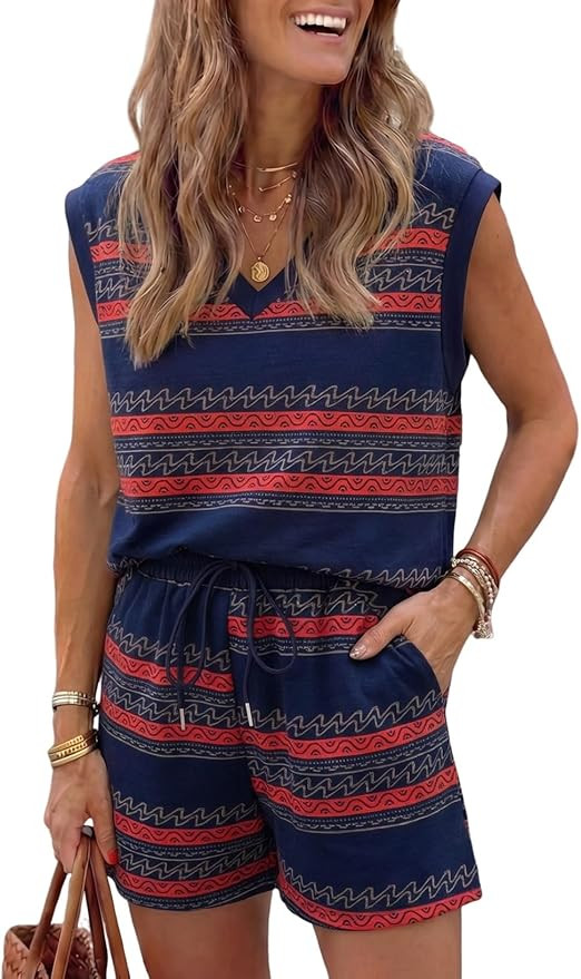 Dokotoo 2 Piece Sets for Women Summer V Neck Sleeveless Top Tie Waist Shorts Striped Casual Outfi... | Amazon (US)