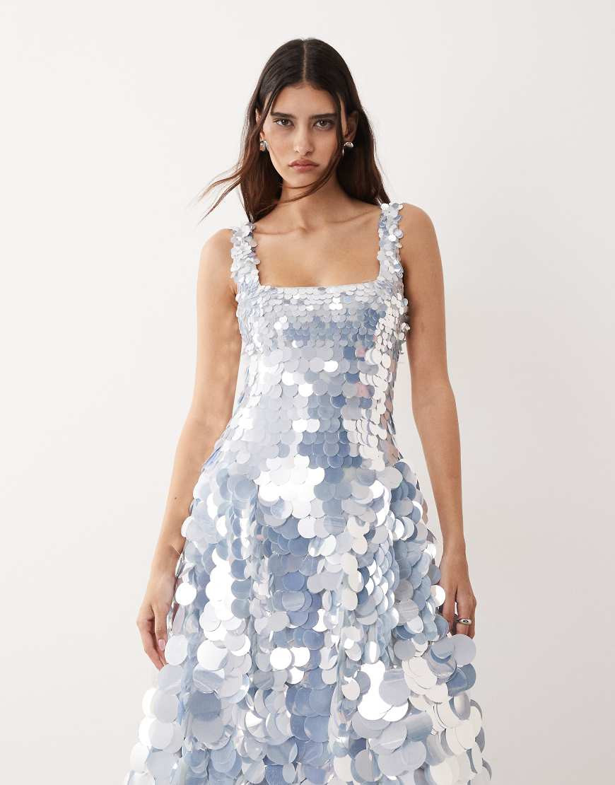 ARRANGE embellished disc sequin square neck full skirt midi dress in ice blue | ASOS (Global)