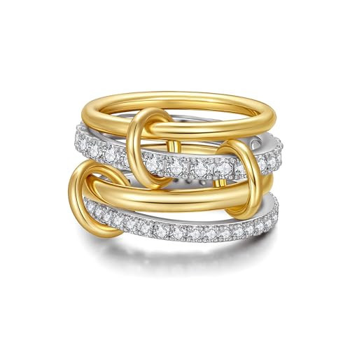 TLY Gold Silver Stackable Rings for Women Mixed Metal Interlocked Statement Ring Stack 14K Gold Plated Cubic Zirconia Fashion Two Tone Connected Bands Size 4-11 | Amazon (US)