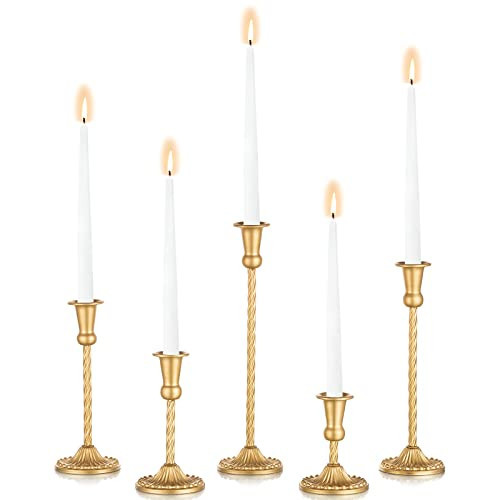 Sziqiqi Gold Candlestick Holders Set of 5 - Decorative Candle Holder for Candlesticks Taper Candles Wedding Birthday Candlelight Dinner Table Centerpiece | Amazon (US)
