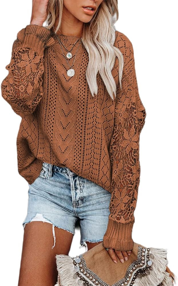 Dokotoo Womens Crewneck Crochet Lace Long Sleeve Hollow Out Cable Knit Sweaters Pullover Tops | Amazon (US)