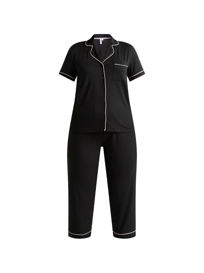 Joyspun Women's Dreamy Soft Collection Notch Collar Short Sleeve Knit Top & Capri Pajama Set, 2-P... | Walmart (US)