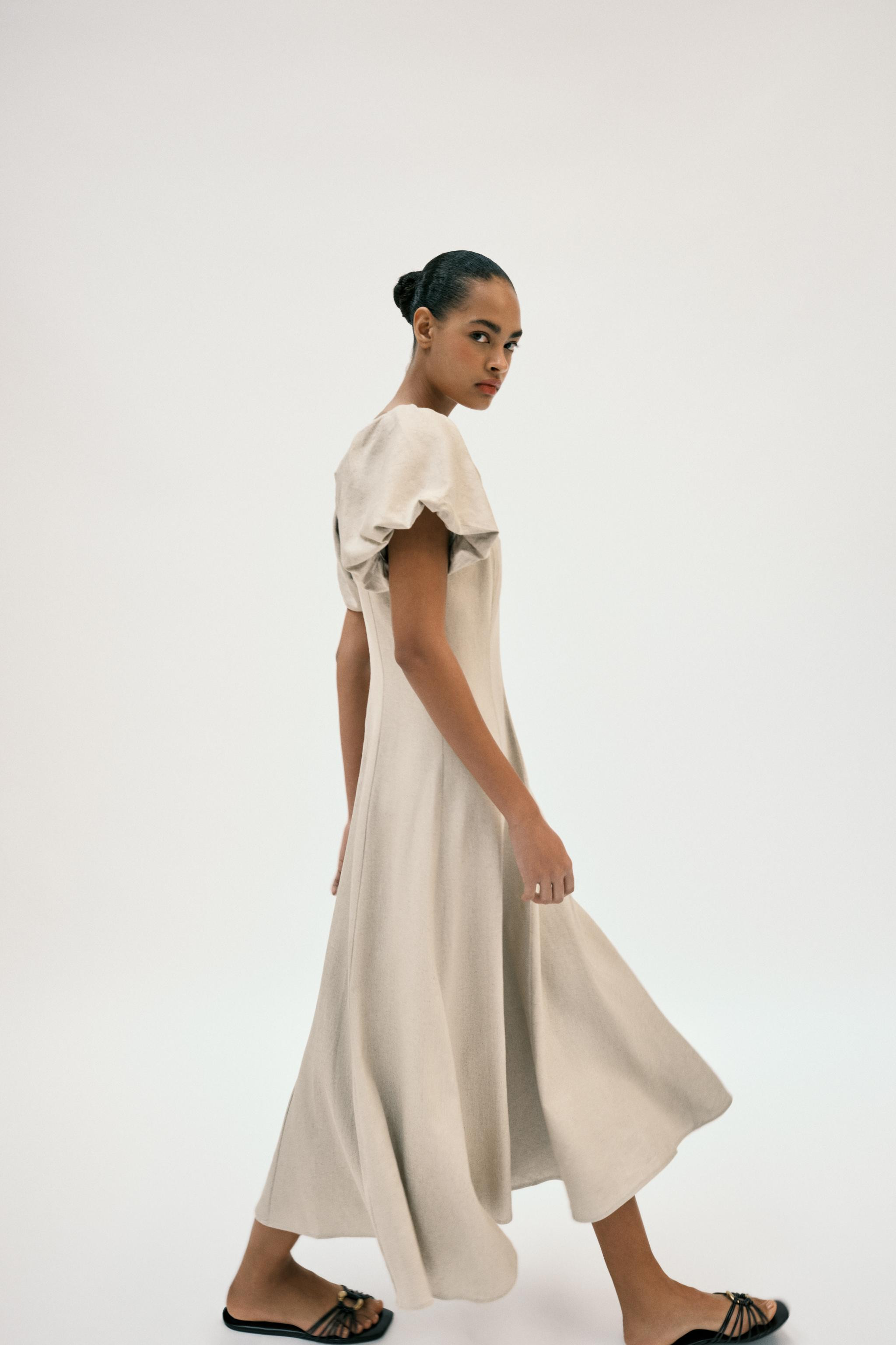 LINEN BLEND PUFF SLEEVE MIDI DRESS | Zara US