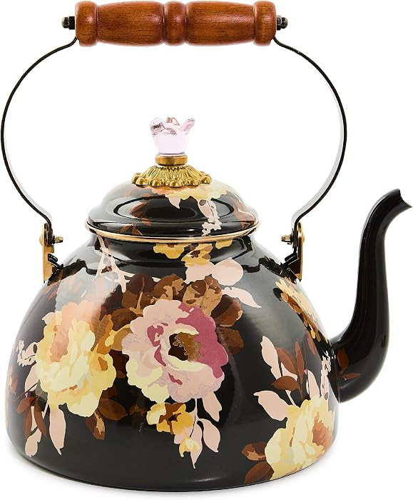 MACKENZIE-CHILDS Enamel Tea Kettle, Decorative Tea Kettle for Stovetop, 3 Quarts, Wild Rose Brown | Amazon (US)