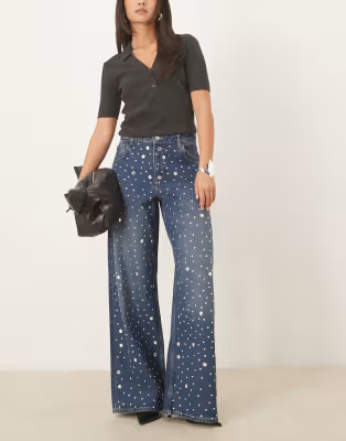 Mango Elina 100% cotton straight leg jean with embellishment in blue | ASOS (Global)