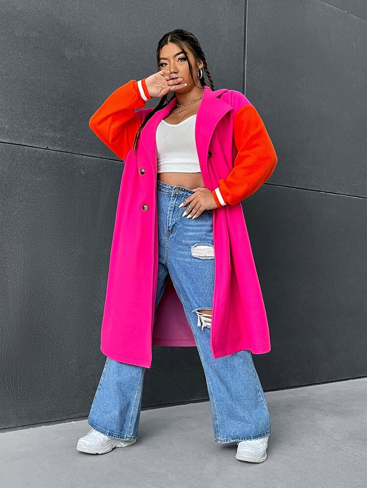 SHEIN EZwear Plus Colorblock Drop Shoulder Double Breasted Overcoat | SHEIN