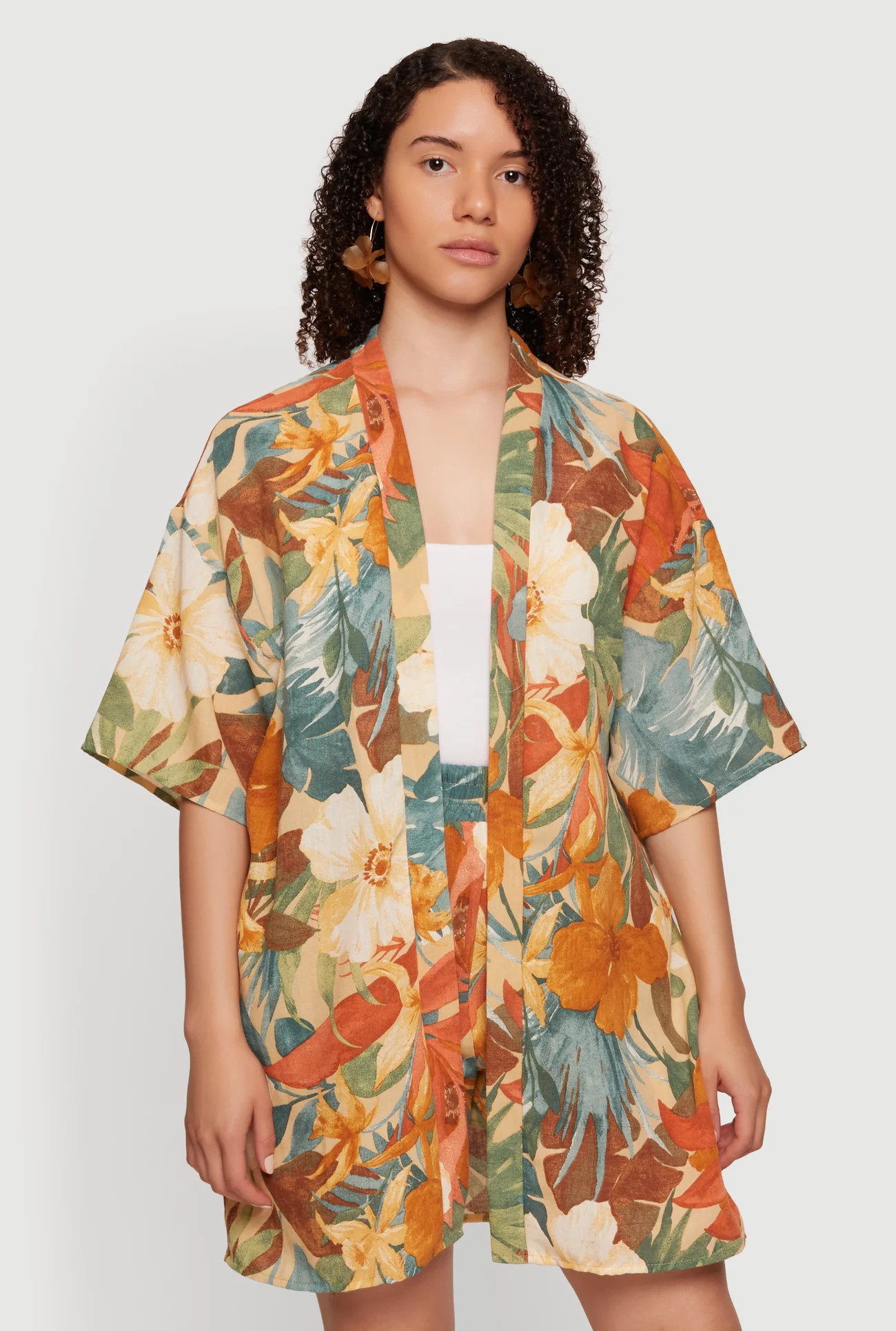 Tropical Floral Print Open Front Kimono | Rainbow Shops