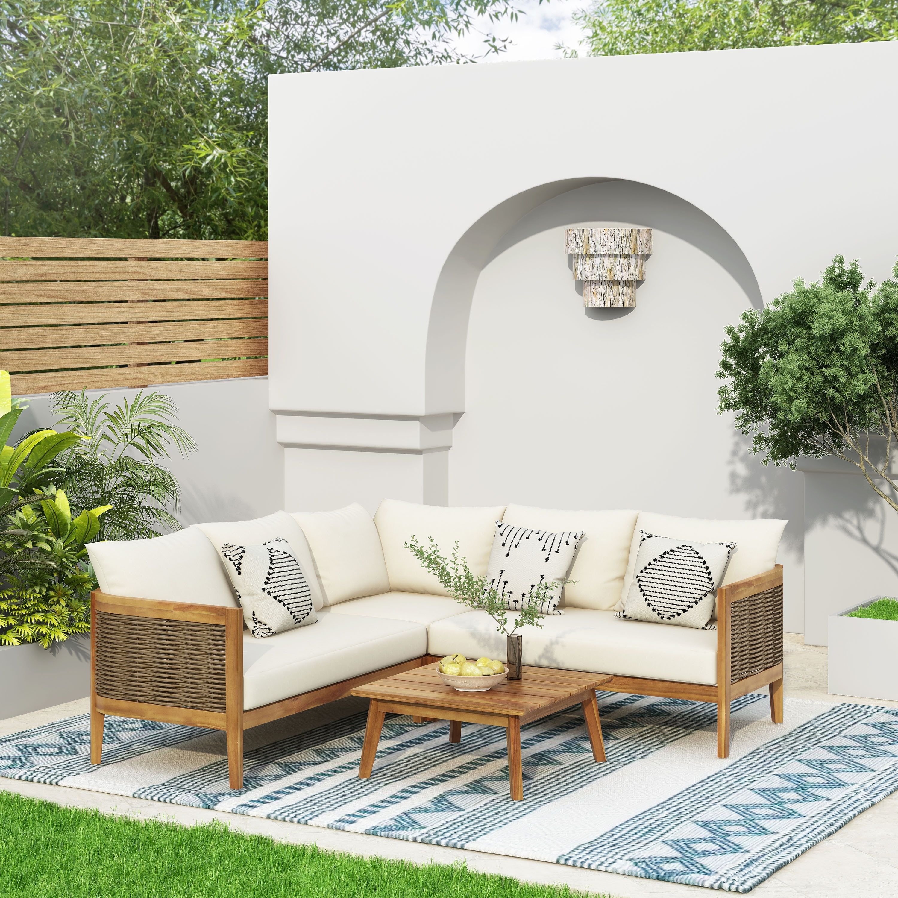 Burchett Outdoor Acacia Wood and Round Wicker 5 Seater Sectional Sofa Chat Set with Cushions by Christopher Knight Home | Bed Bath & Beyond