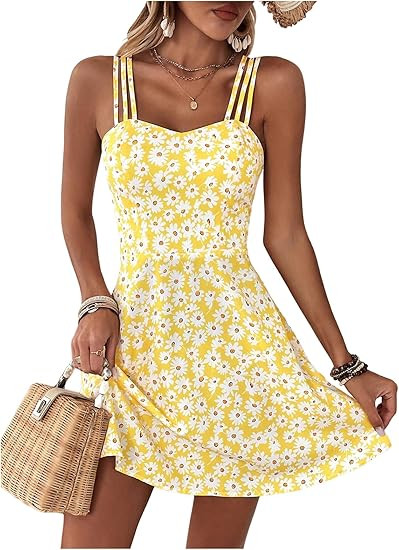 SOLY HUX Women's Floral Print Cami Dress Spaghetti Strap A Line Flowy Summer Mini Dresses Sundres... | Amazon (US)