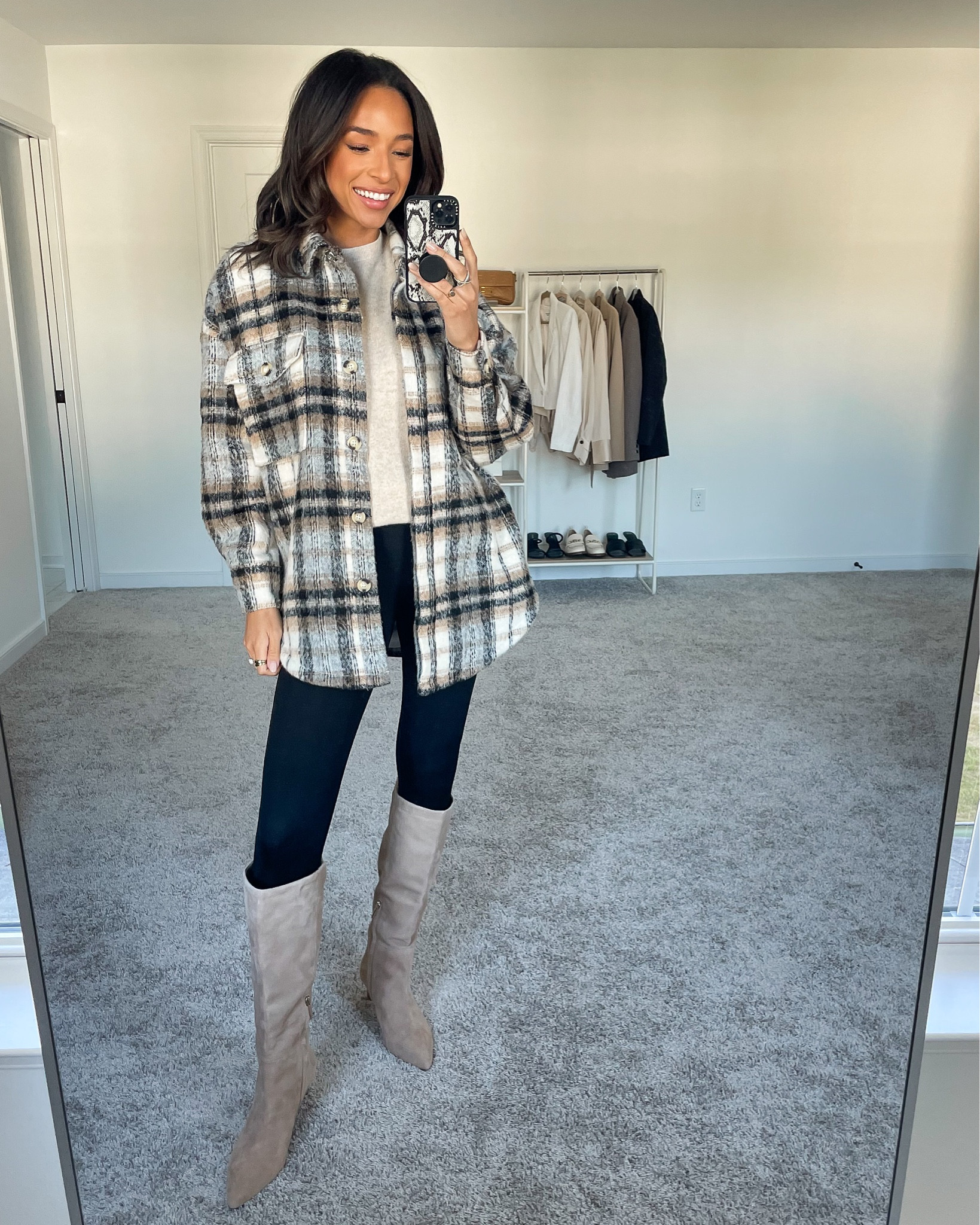 Size 0/00 in plaid shacket (runs large), 2 in black leggings, M in beige cashmere sweater (for an oversized fit), knee high boots fit tts 







Fall outfit
Fall capsule wardrobe
Capsule wardrobe outfit
Casual outfit 
Shacket outfit 
Stirrup outfit
Stirrup leggings
Knee high boots
Fall boots


#LTKshoecrush #LTKstyletip #LTKSeasonal