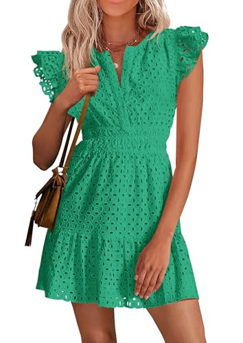 PRETTYGARDEN Women's 2026 Summer Sundresses Eyelet Cap Sleeve V Neck Short Boho Wedding Guest Dre... | Amazon (US)